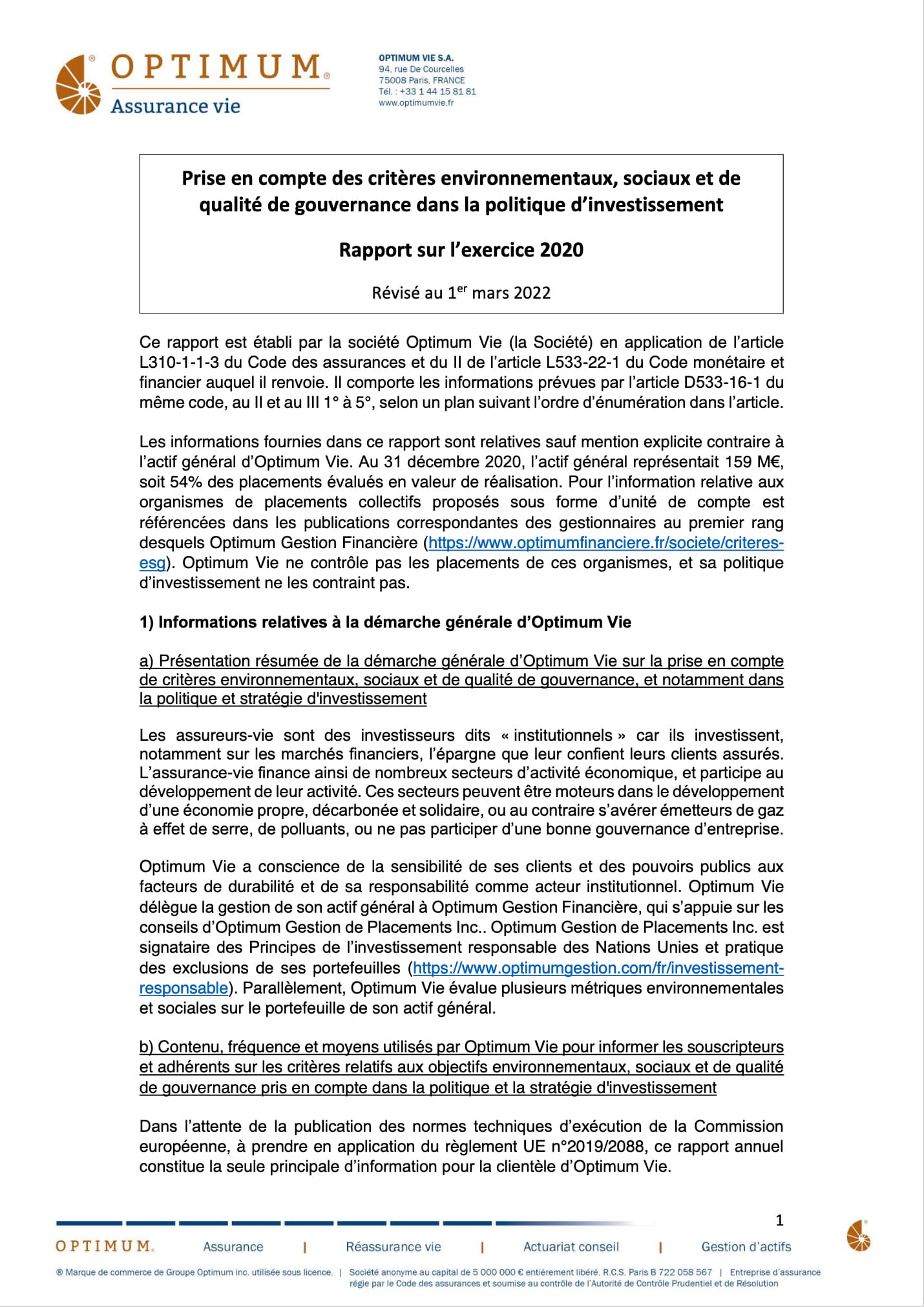 Rapport 2020 - Prise en compte de critères ESG dans les investissements