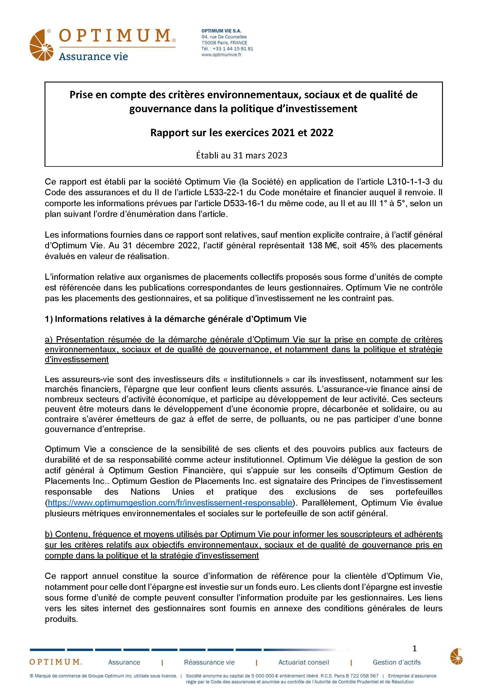 Rapport 2021 - Prise en compte de critères ESG dans les investissements Rapport 2021 - Prise en compte de critères ESG dans les investissements